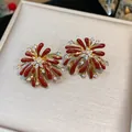 Elegant red firework stud earrings with gold plating and sparkling white zircon stones - 63 Silver Needles - Silver - Red
