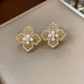 Exquisite gold-plated clover stud earrings featuring sparkling zircons and faux pearls - 3 Silver Earring Post-Gold