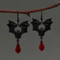Gothic Halloween bat drop earrings with faceted red teardrop crystal pendant - Matte Black Bat Style (4146)