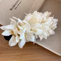 Elegant Korean style cream fabric flower hair clip featuring realistic dewdrop details - 58# Duckbill Clip - White
