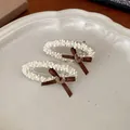 Korean style handmade beaded hair clips with brown ribbon bows and golden heart charms - 23# Duckbill Clip - Off-white