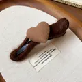 Elegant brown fuzzy fabric hair clip featuring a soft plush heart detail for women's fashion - 36# Gripper - Black - Brown