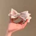 Chic Korean style pink satin bow hair claw clip with delicate polka dots pattern design - 39# Twist Clip - Pink