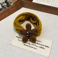 Korean style mustard yellow elastic fabric hair tie with brown flocked flower and gemstone - 30# Gripper Clip - Green - Brown - Single