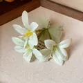 Elegant Korean style fabric flower hair claw clip with realistic faux dew drops detail - 46# Duckbill Clip - Silver - Green - Single Clip