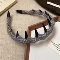 Elegant grey plaid fabric headband featuring unique black triangle teeth, Korean style design - 33# Headband - Blue-gray