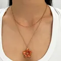 Charming double-layered gold chain necklace featuring a sweet orange oil-drip flower pendant - Double Layer Ocean Style Flower (X794)