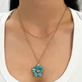 Elegant double-layered gold necklace with a sweet blue enamel flower pendant for women - Double Layer Ocean Style Flower (K-803)