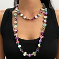 Retro colorful multilayered beaded necklace featuring rectangular shell stones for women - Light Multi-color Mixed Necklace (G-033)