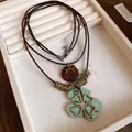 Collana vintage in pelle con ciondolo a quadrifoglio in legno e fiocco, multistrato - 2# Collana Marrone