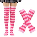 Pink striped thigh high socks and matching fingerless arm warmers set for cosplay costume - Hands + Feet / Pinkish Rose 43 / One Size