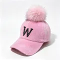 Close-up of pink faux mink fur baseball cap with rhinestone W and large pom-pom - Adult Size (58cm Adjustable) / Pink