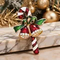 Festive Christmas candy cane and bells brooch with red enamel and clear rhinestones - Cane and Bell Style (88)
