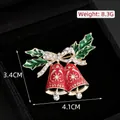 Festive red enamel Christmas bell brooch with holly leaves and clear crystals - Double Bells with Bow Style (85) / 4.1x3.4cm
