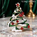 Festive Christmas tree brooch with red stones and white enamel on a gold-tone metal base - Rhinestone Christmas Tree Style (81) / 4.8x3.7