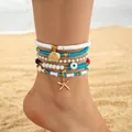 Tobillera bohemia de varias capas con cuentas colgantes de estrella de mar y caracol - Juego de Tobilleras Azules