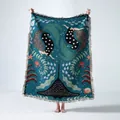 Detailed woven picnic blanket with mermaid and sea life folk art illustration and fringes - Teal Mermaid / 130x160cm