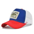 Casquette de camionneur en filet rouge et bleu avec écusson brodé de bar vintage pour la pêche - Cm712-27 Grand Filet Patchwork Rouge Bleu Et Blanc / Réglable