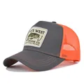 Casquette trucker en maille grise et orange avec patch brodé de pêche pour plein air - Cm712-28 Maille Gris Foncé Orange / Réglable