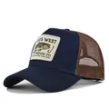 Casquette de camionneur en filet bleu marine et marron avec écusson brodé poisson. - Cm712-32 Réseau Du Café Tibétain / Réglable