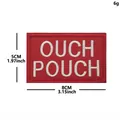 Red OUCH POUCH embroidered patch badge with 8x5cm dimension markings on white background. - Red with White Letters