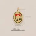 Detailed view of an oval copper pendant with a red tulip enamel print and dimensions - Red Tulip Oval