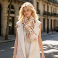Elegant magnolia floral print cashmere-like scarf on cream base for autumn and winter - 185 cm / Floral Beige