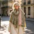 Elegant green and pink magnolia floral faux cashmere scarf for warm winter style - 185 cm / Small Flower Green