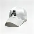 Fashionable white satin baseball cap with mesh back and sparkling rhinestone letter A detail - Adult, Hat Circumference 58cm Adjustable / White