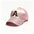 Detail view of pink satin trucker hat with sequined brim and rhinestone letter A - Adult, Hat Circumference 58cm Adjustable / Pink