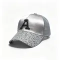 Macro detail showing the rhinestone letter A and glittery brim on a silver satin cap. - Adult, Hat Circumference 58cm Adjustable / Gray