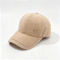 Detail of beige fuzzy mink velvet baseball cap with rhinestone chain and M logo. - Double Chain Khaki / Adult, Adjustable