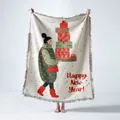 Cozy bohemian woven throw blanket with festive Happy New Year illustration and fringe - Christmas Mystery Girl (XT158) / 130x160cm