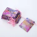 Bunte Organza-Geschenkbeutel mit goldenem Astmuster und rosa Kordelzug für Schmuck - 7x9cm(ai-100 Stück/Packung) / Rosa
