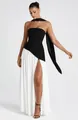 Elegant black and white strapless maxi dress with high side slit for formal events - S / Black and White