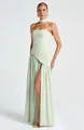 Detailed view of a mint green strapless dress with a high slit and matching choker. - S / Green
