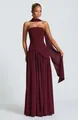 Elegant burgundy strapless maxi dress with matching neck scarf and pleated skirt. - S / Bottoms / Burgundy