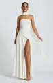 Elegant white strapless maxi dress featuring a high slit and matching neck scarf detail - S / Bottoms / White