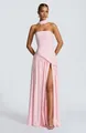 Elegant pink strapless evening gown featuring a high slit and matching neck scarf accessory - S / Bottoms / Pink