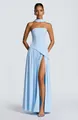 Elegant light blue strapless evening dress with high thigh slit and matching choker - S / Bottoms / Light Blue
