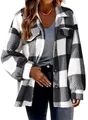 Women's plaid fleece jacket with pockets, cozy autumn winter button-up shacket - Black / S
