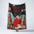 Vue détaillée d'une couverture tissée festive avec illustration du Nouvel An et franges - XT162 / 130x160cm