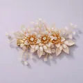 Elegant bridal hair clip with golden flowers, pearls, and crystals on a lavender base - Banquet Suitable Style (HS-J6985G) / Gold