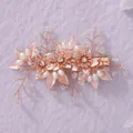 Handmade rose gold bridal hair clip featuring beaded pearls and crystal flower leaves - Banquet Suitable Style (HS-J6985RG) / Rose Gold