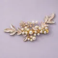 Elegant bridal hair clip featuring white enamel leaves, crystals, and handmade pearls. - Lively Ethereal Style (HS-J7121G) / Gold