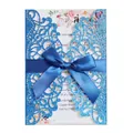 Elegant royal blue laser-cut glitter wedding invitation card with silk ribbon bow - Shell Only (Without Inner Page/Envelope/Bow) [Min. 50 Pcs] / Glitter Royal Blue