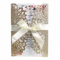 Elegant champagne gold glitter laser cut wedding invitation card with delicate white ribbon bow - Glitter Rose Gold