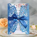 Elegant royal blue glitter laser-cut wedding invitation card with navy ribbon bow - Glitter Royal Blue