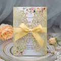 Elegant gold glitter laser-cut wedding invitation card with a yellow silk ribbon bow - Glitter Golden Yellow