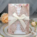 Elegant rose gold glitter laser-cut wedding invitation with cream silk bow accent - Glitter Champagne Gold